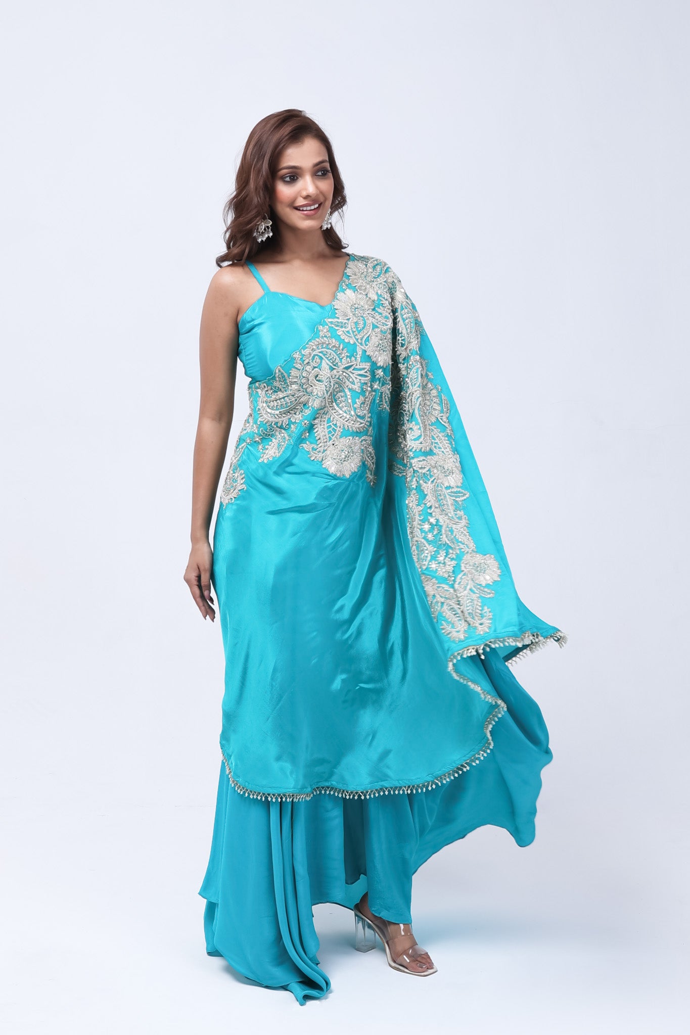 Teal Blue One Shoulder Indo-Western Dress