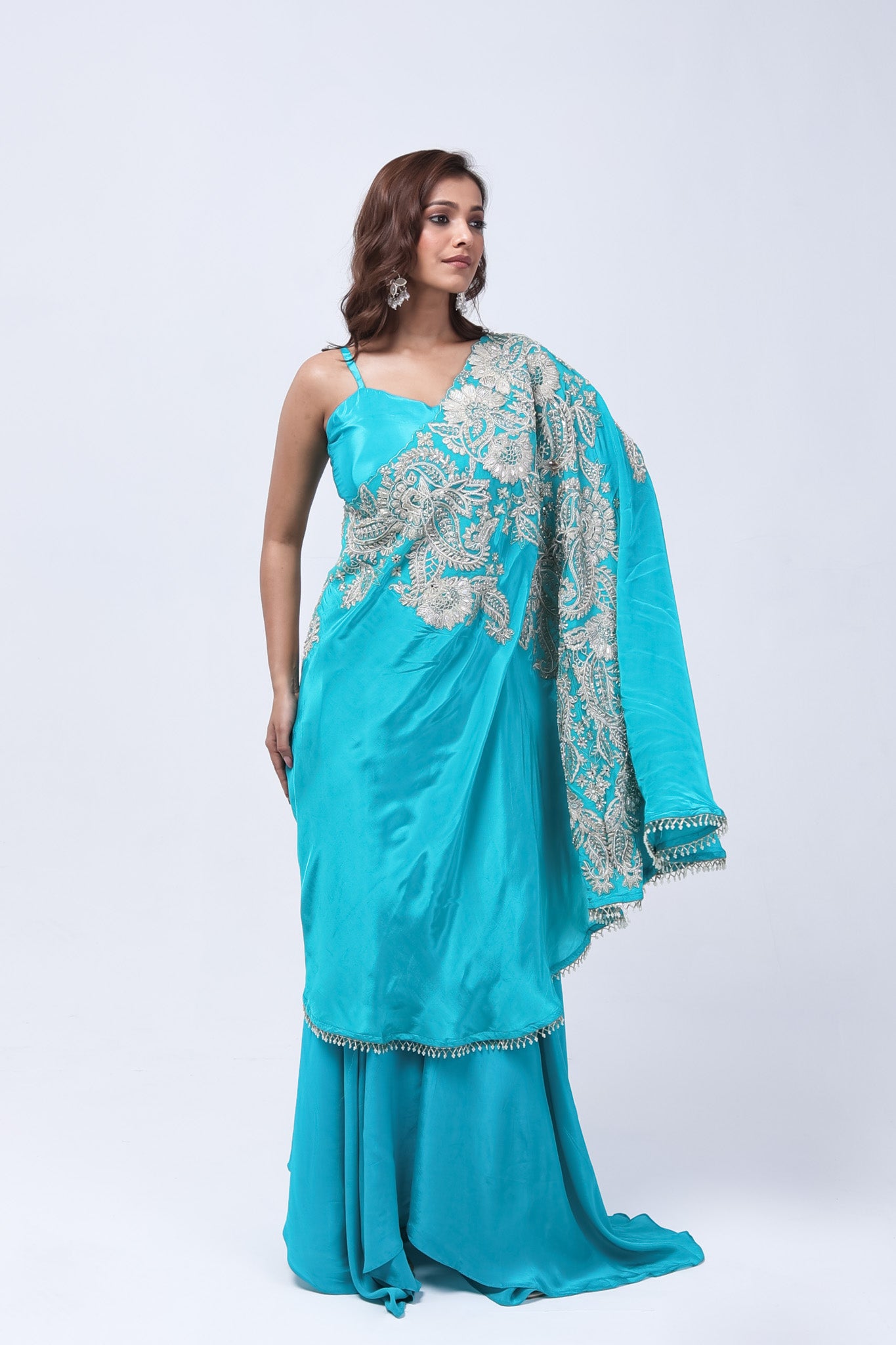 Teal Blue One Shoulder Indo-Western Dress