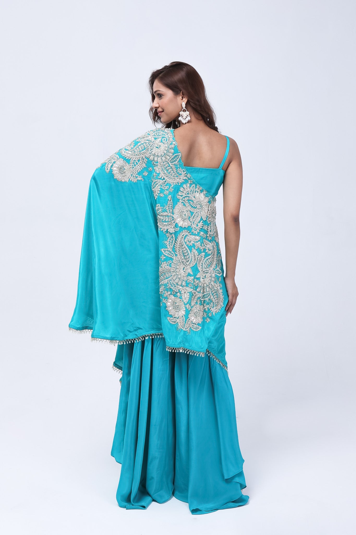 Teal Blue One Shoulder Indo-Western Dress