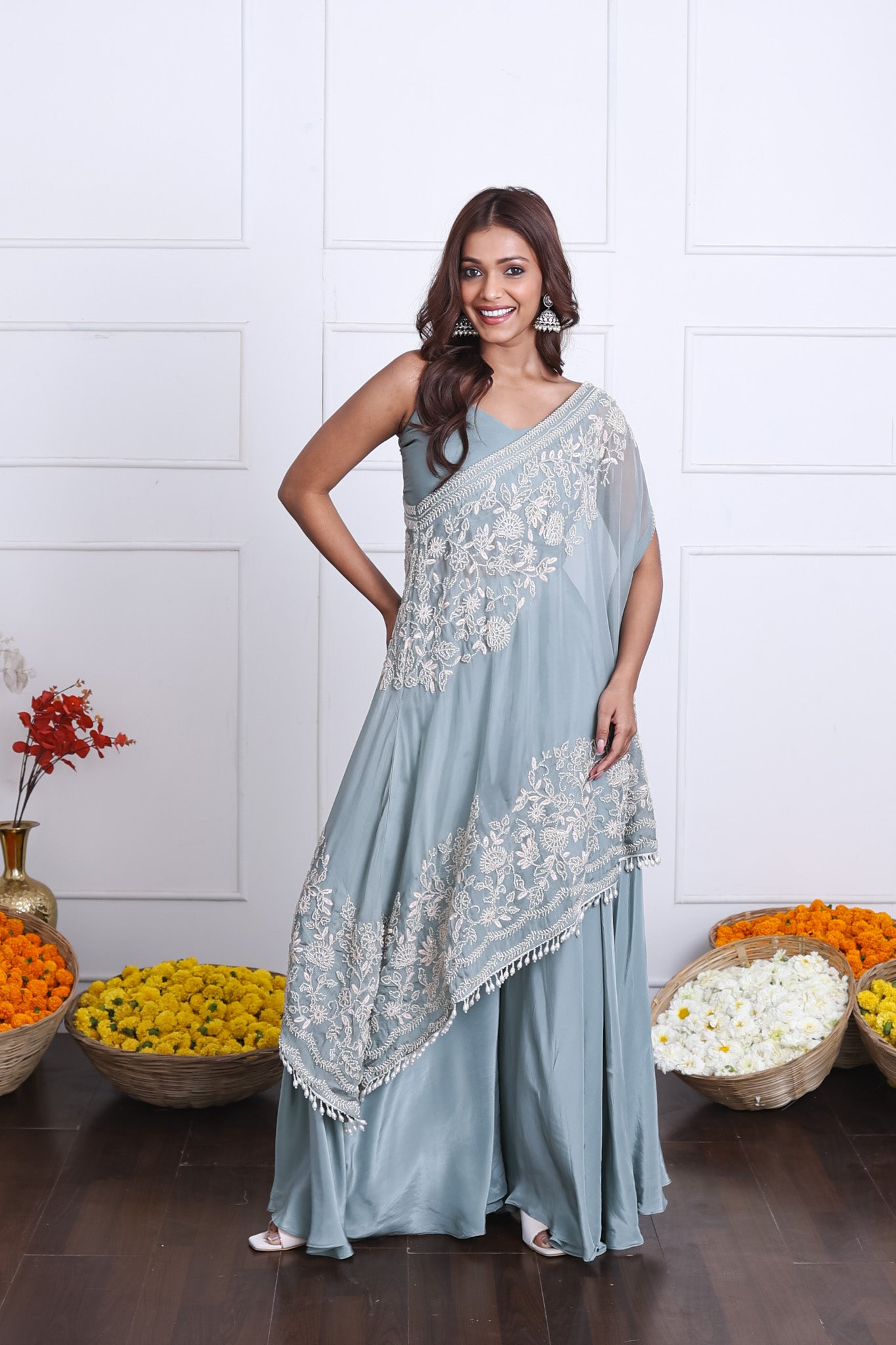 Sage Green One Shoulder Indo-Western Dress
