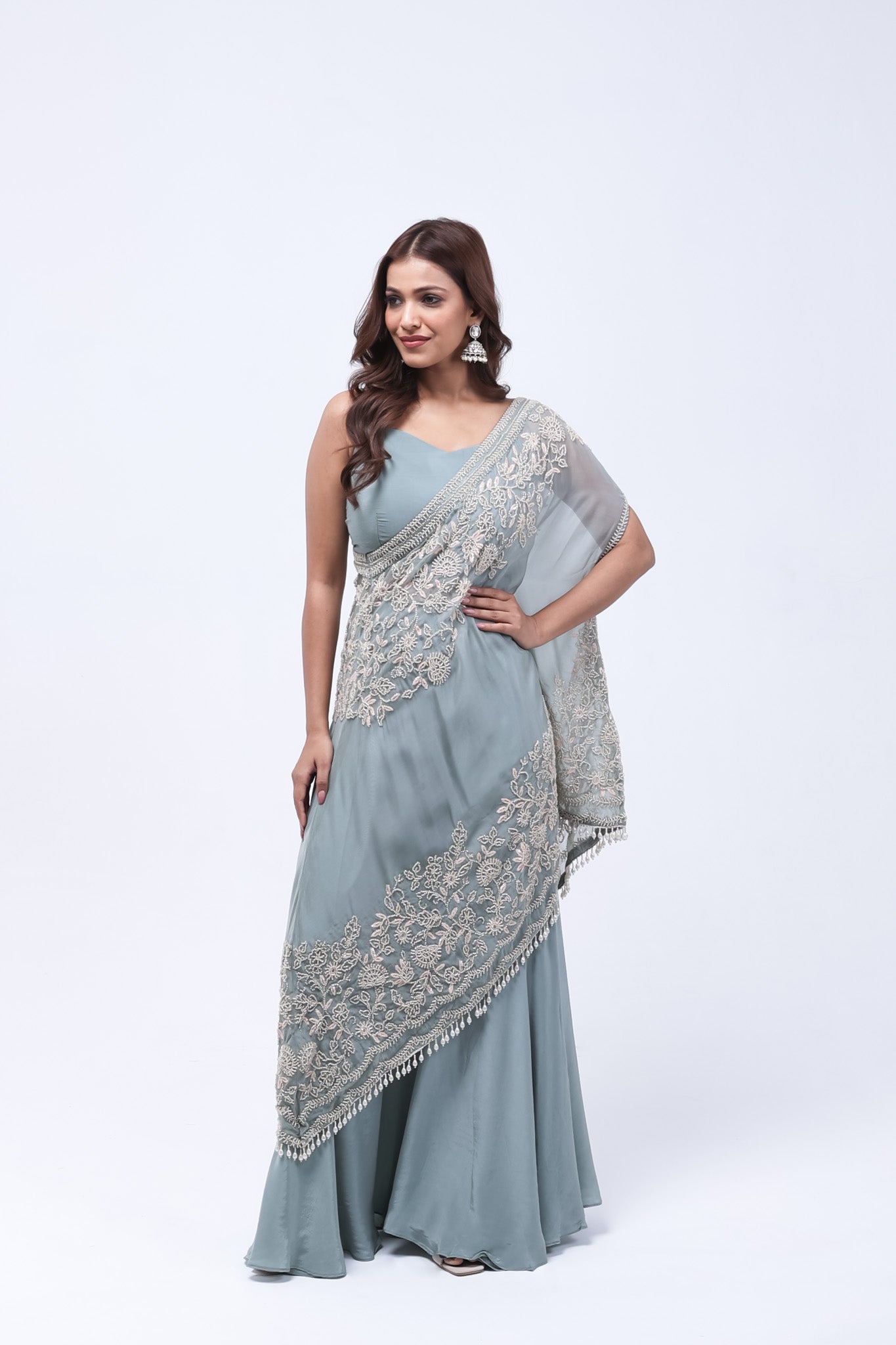 Sage Green One Shoulder Indo-Western Dress