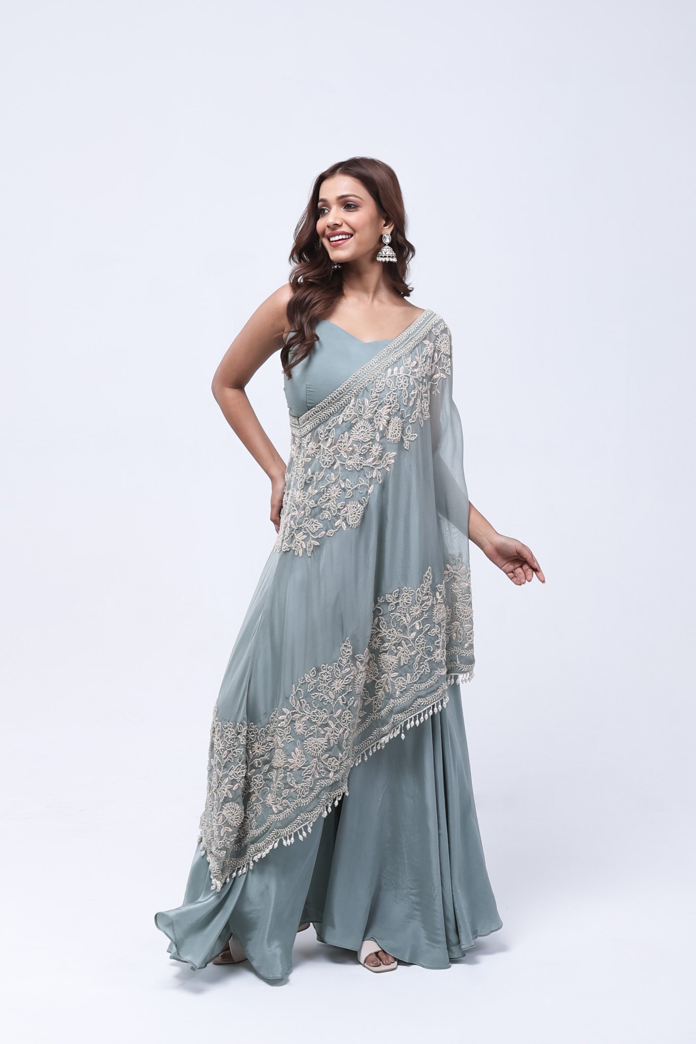 Sage Green One Shoulder Indo-Western Dress