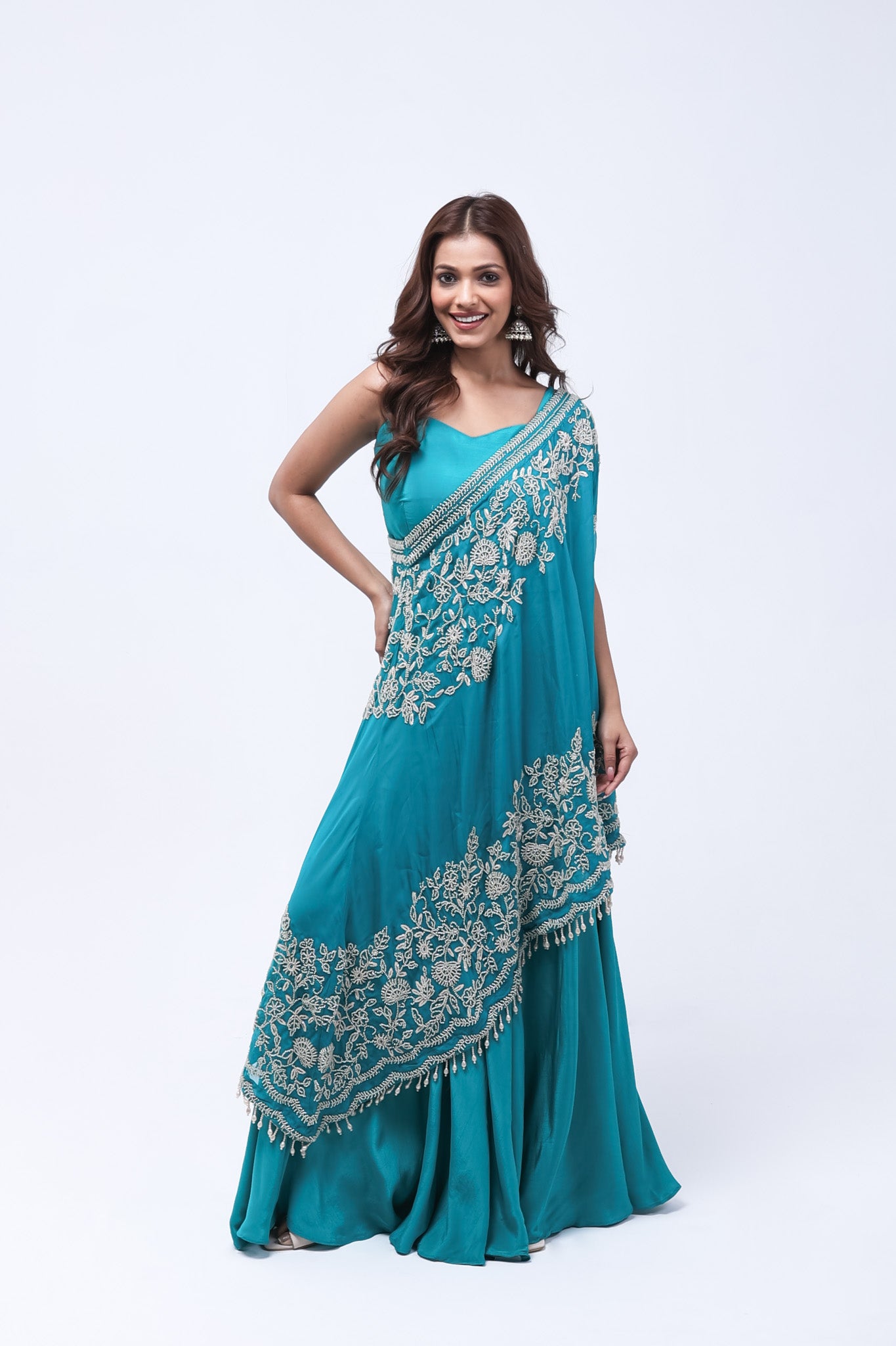 Turquoise Blue One Shoulder Indo-Western Dress