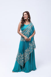 Turquoise Blue One Shoulder Indo-Western Dress