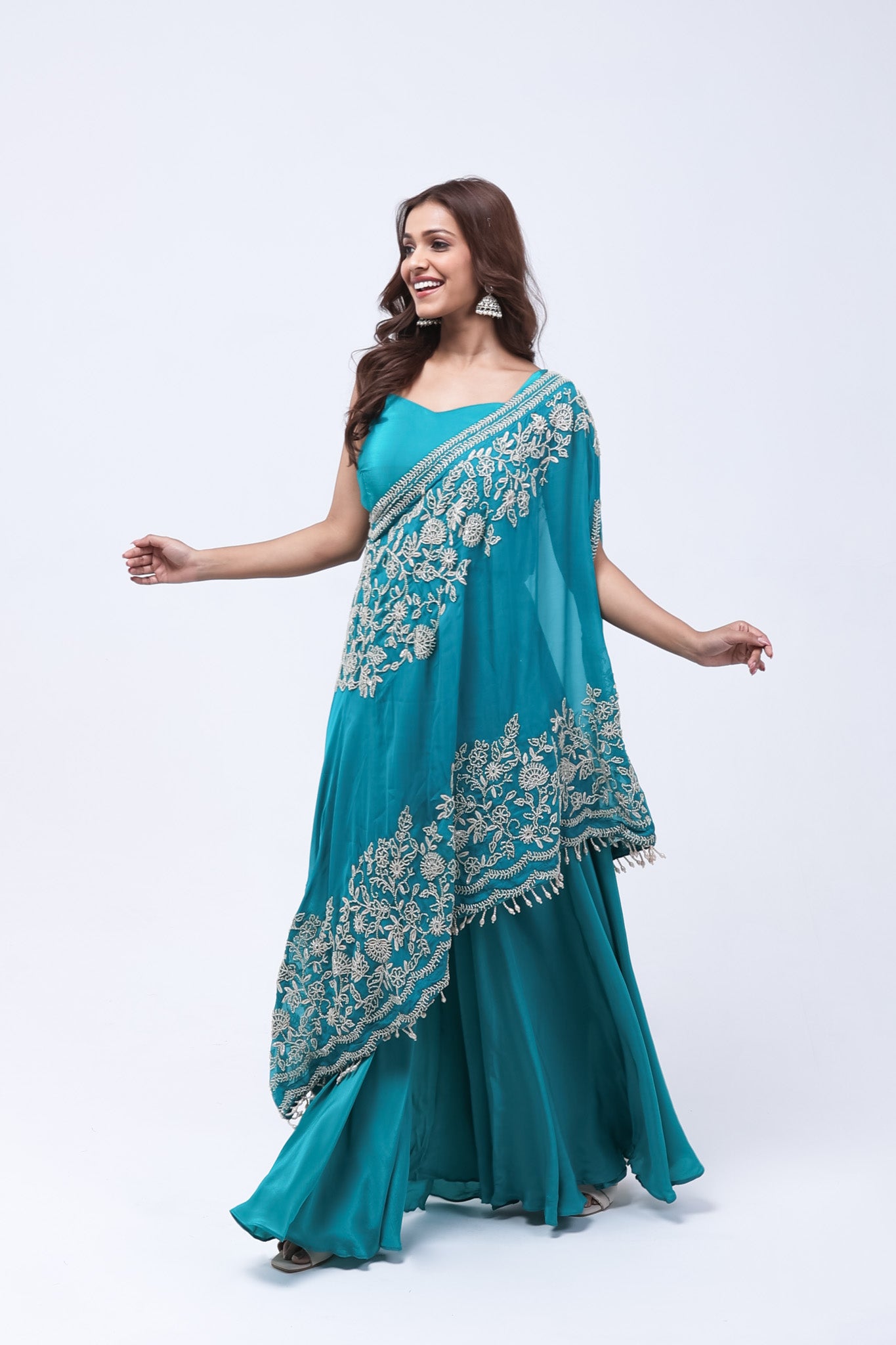 Turquoise Blue One Shoulder Indo-Western Dress