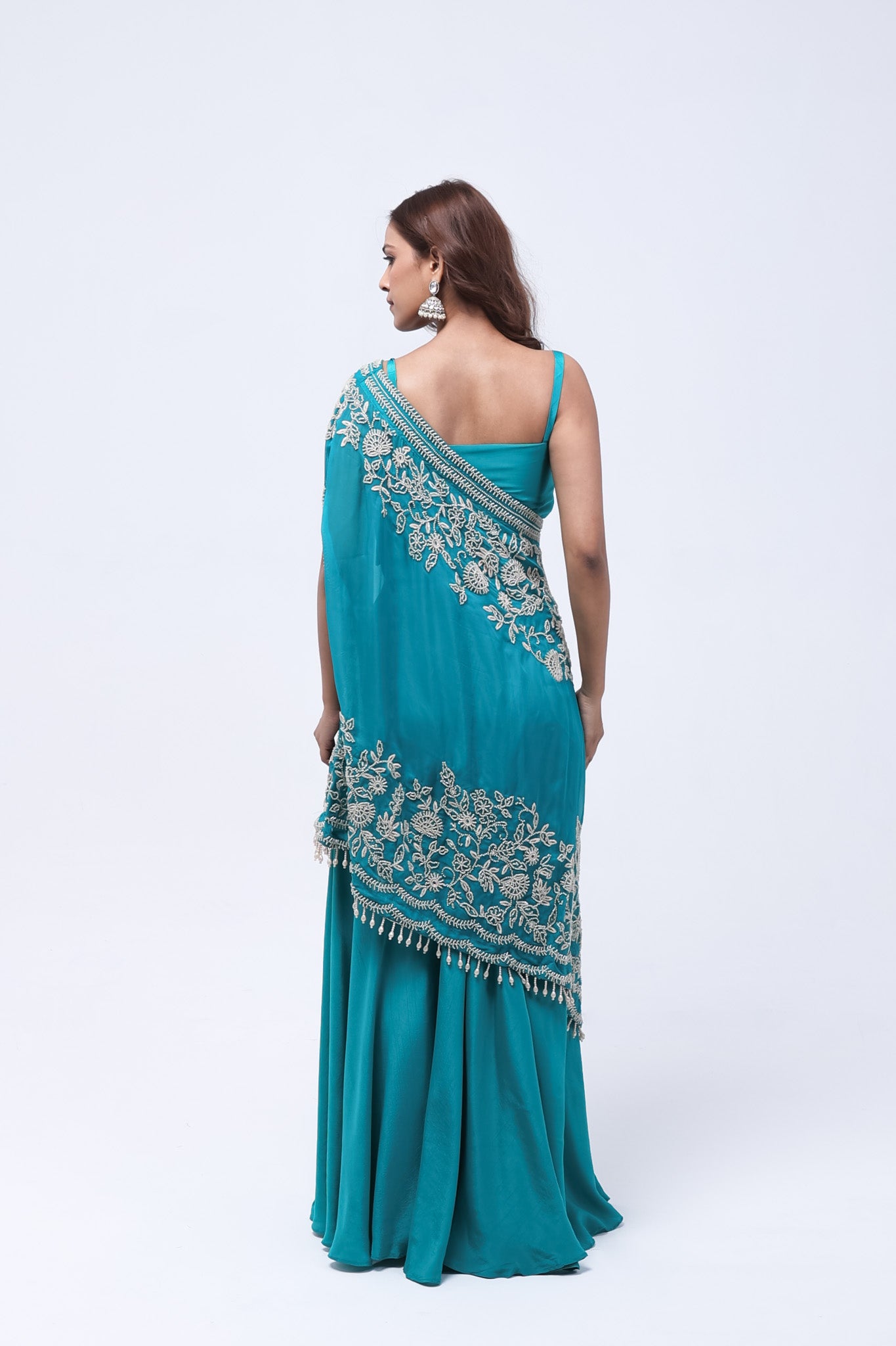 Turquoise Blue One Shoulder Indo-Western Dress