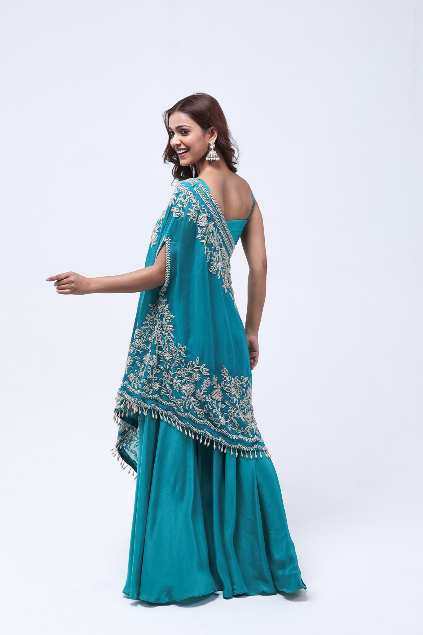 Turquoise Blue One Shoulder Indo-Western Dress