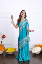 Turquoise Blue One Shoulder Indo-Western Dress