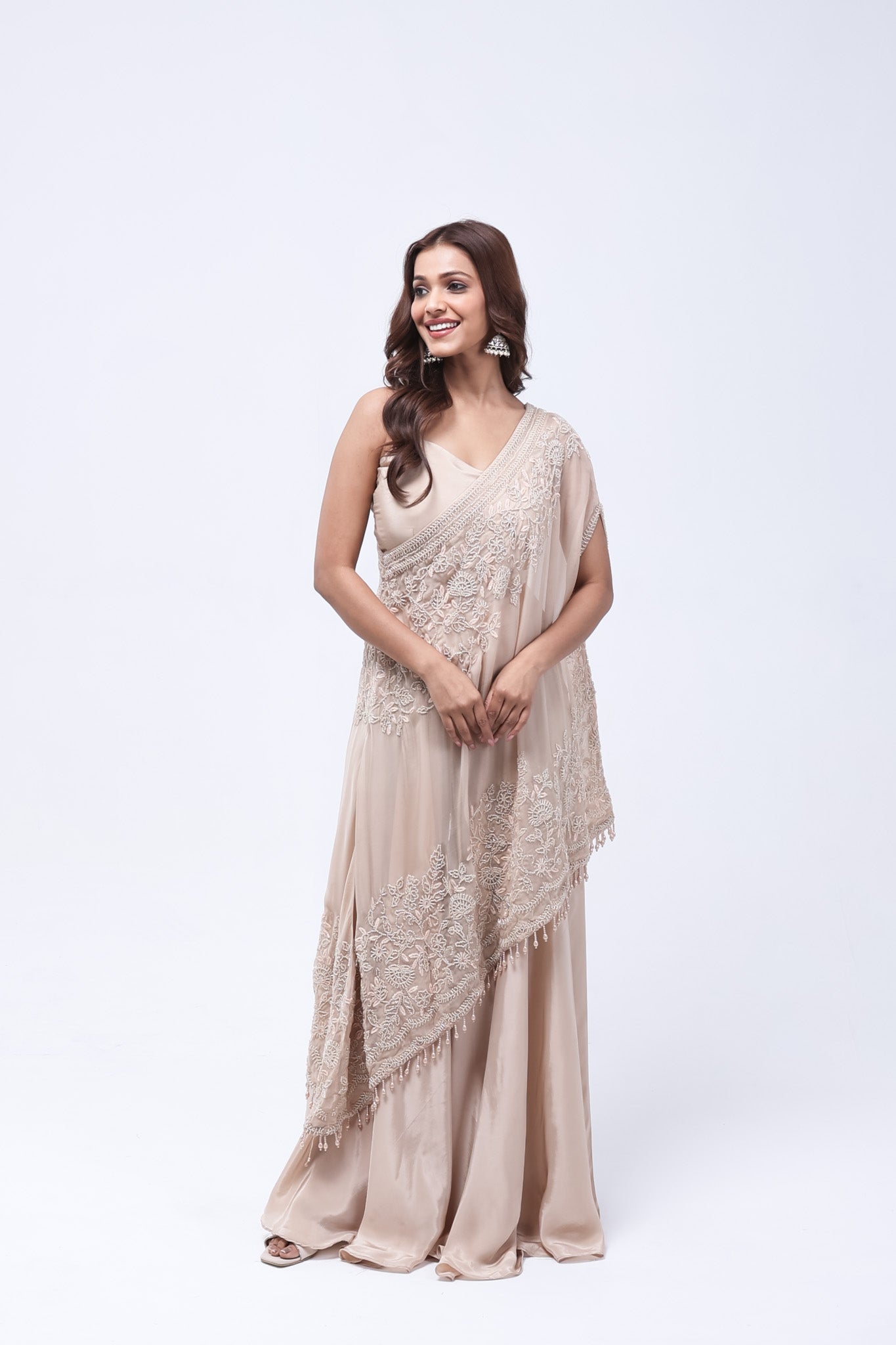 Beige One Shoulder Indo-Western Dress