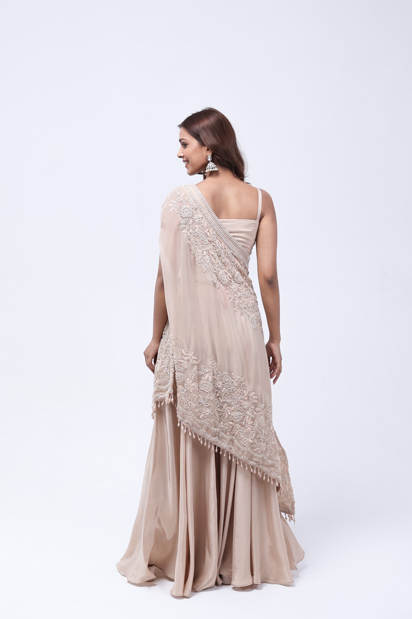 Beige One Shoulder Indo-Western Dress