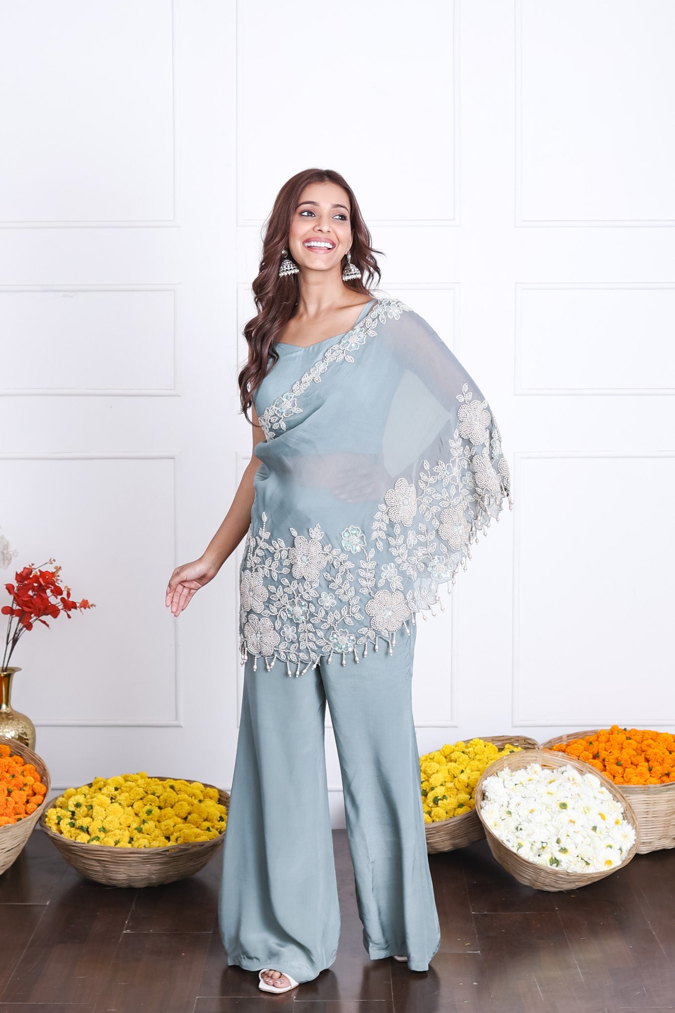 Elegant Steel Blue One Shoulder Indo-Western Dress