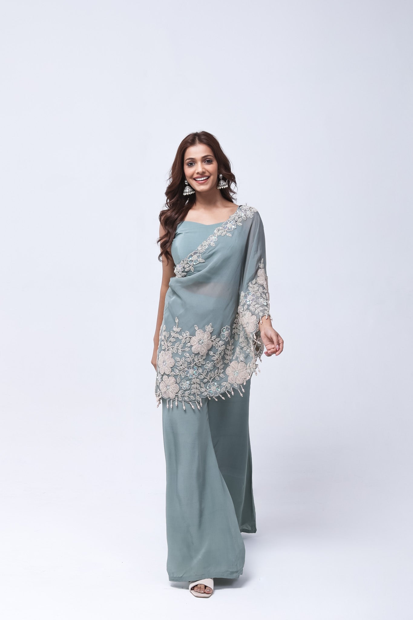 Elegant Steel Blue One Shoulder Indo-Western Dress
