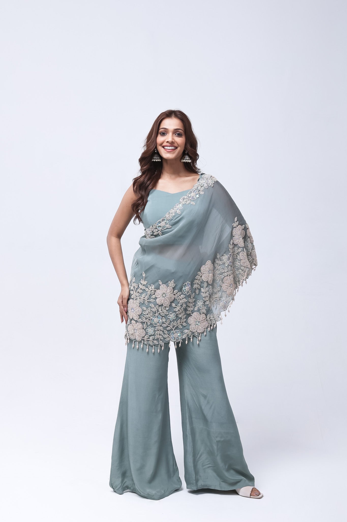 Elegant Steel Blue One Shoulder Indo-Western Dress