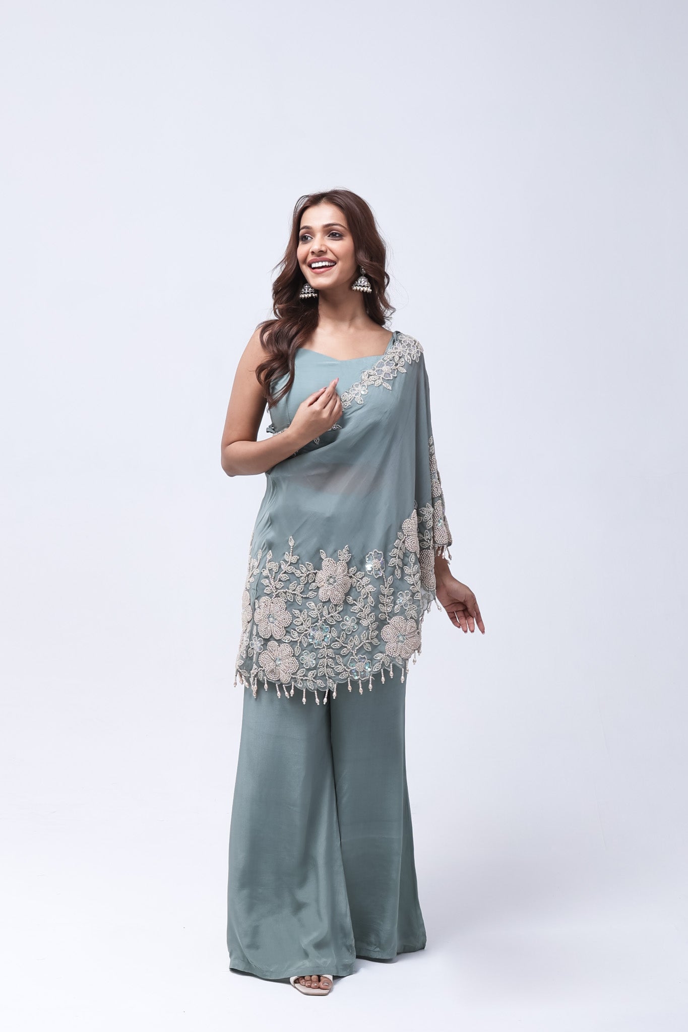 Elegant Steel Blue One Shoulder Indo-Western Dress