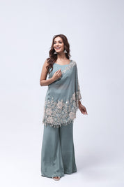 Elegant Steel Blue One Shoulder Indo-Western Dress