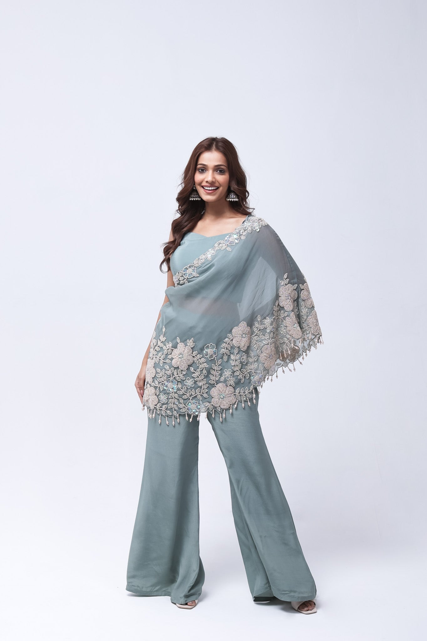 Elegant Steel Blue One Shoulder Indo-Western Dress