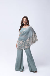 Elegant Steel Blue One Shoulder Indo-Western Dress