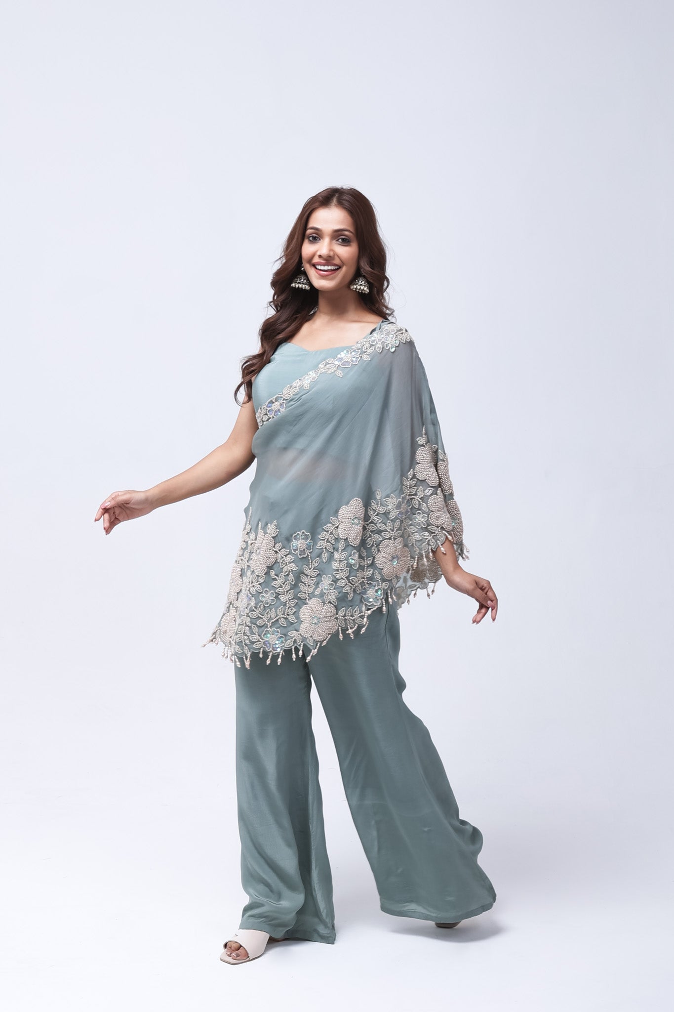 Elegant Steel Blue One Shoulder Indo-Western Dress