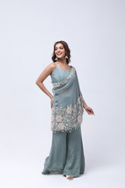 Elegant Steel Blue One Shoulder Indo-Western Dress