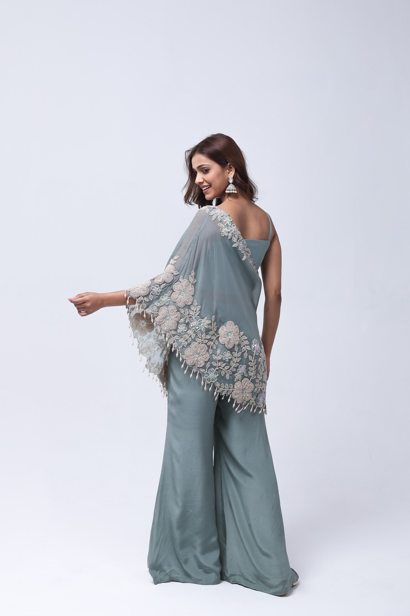 Elegant Steel Blue One Shoulder Indo-Western Dress