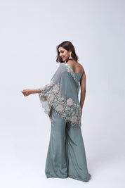 Elegant Steel Blue One Shoulder Indo-Western Dress