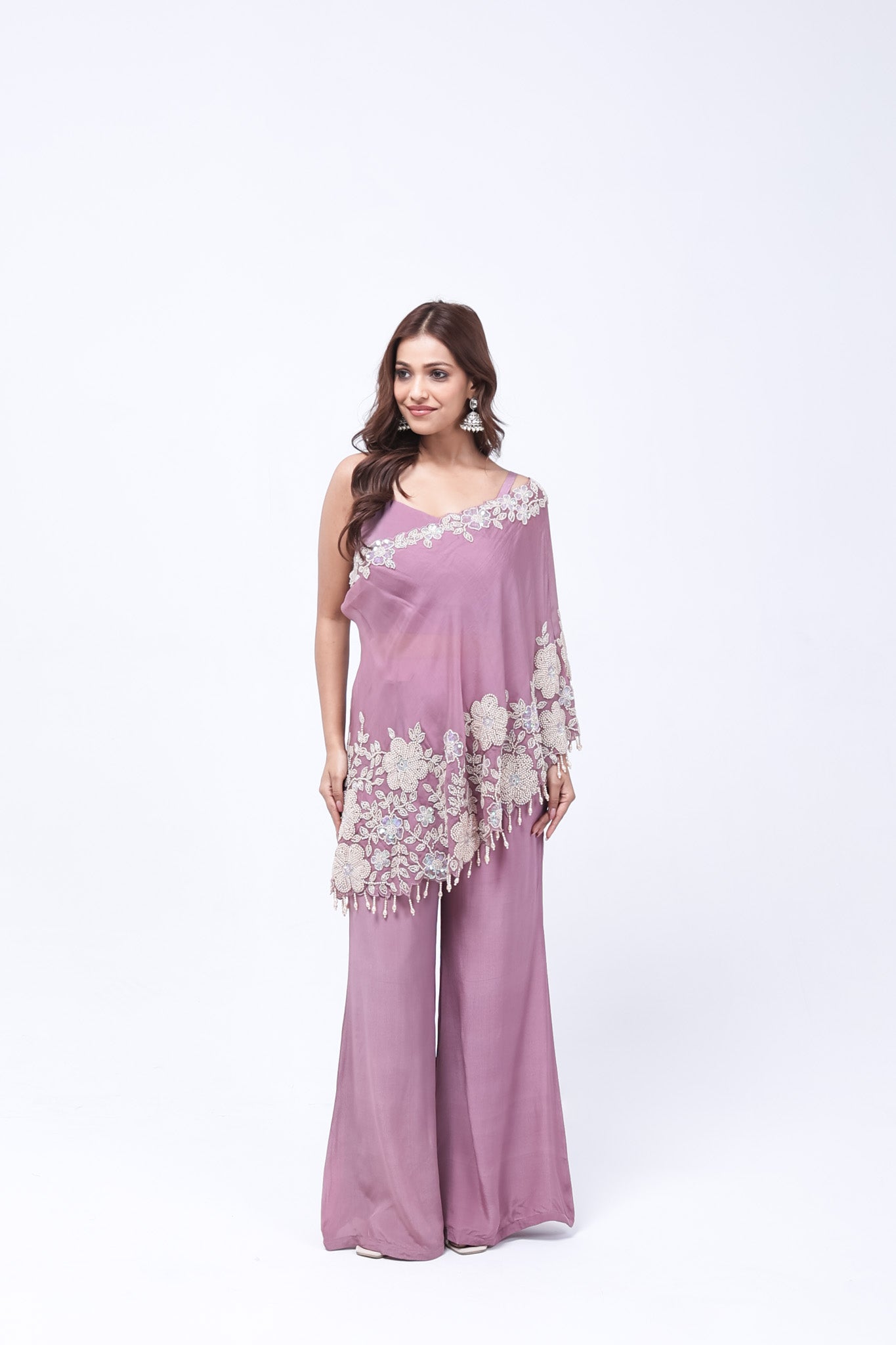 Mauve-Purple One Shoulder Indo-Western Dress