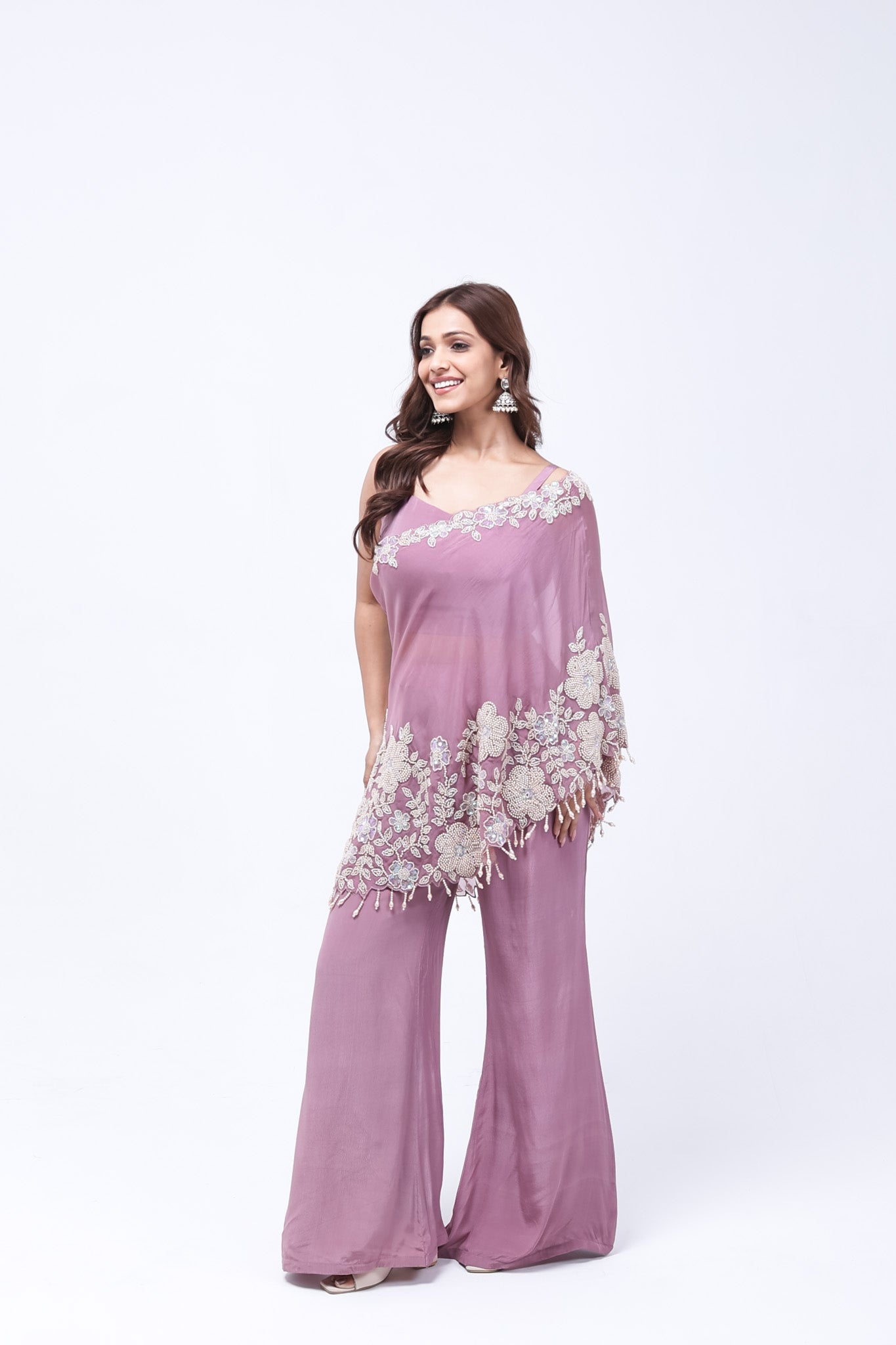 Mauve-Purple One Shoulder Indo-Western Dress