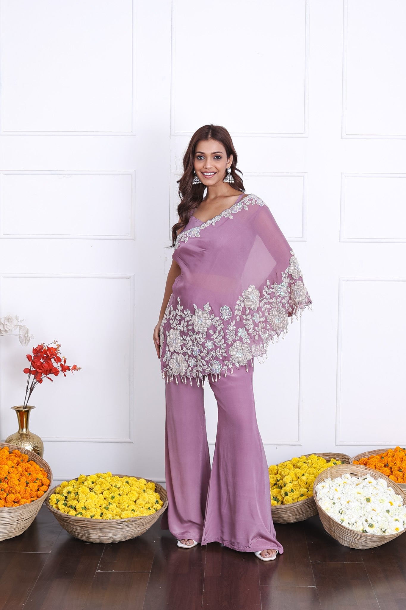 Mauve-Purple One Shoulder Indo-Western Dress
