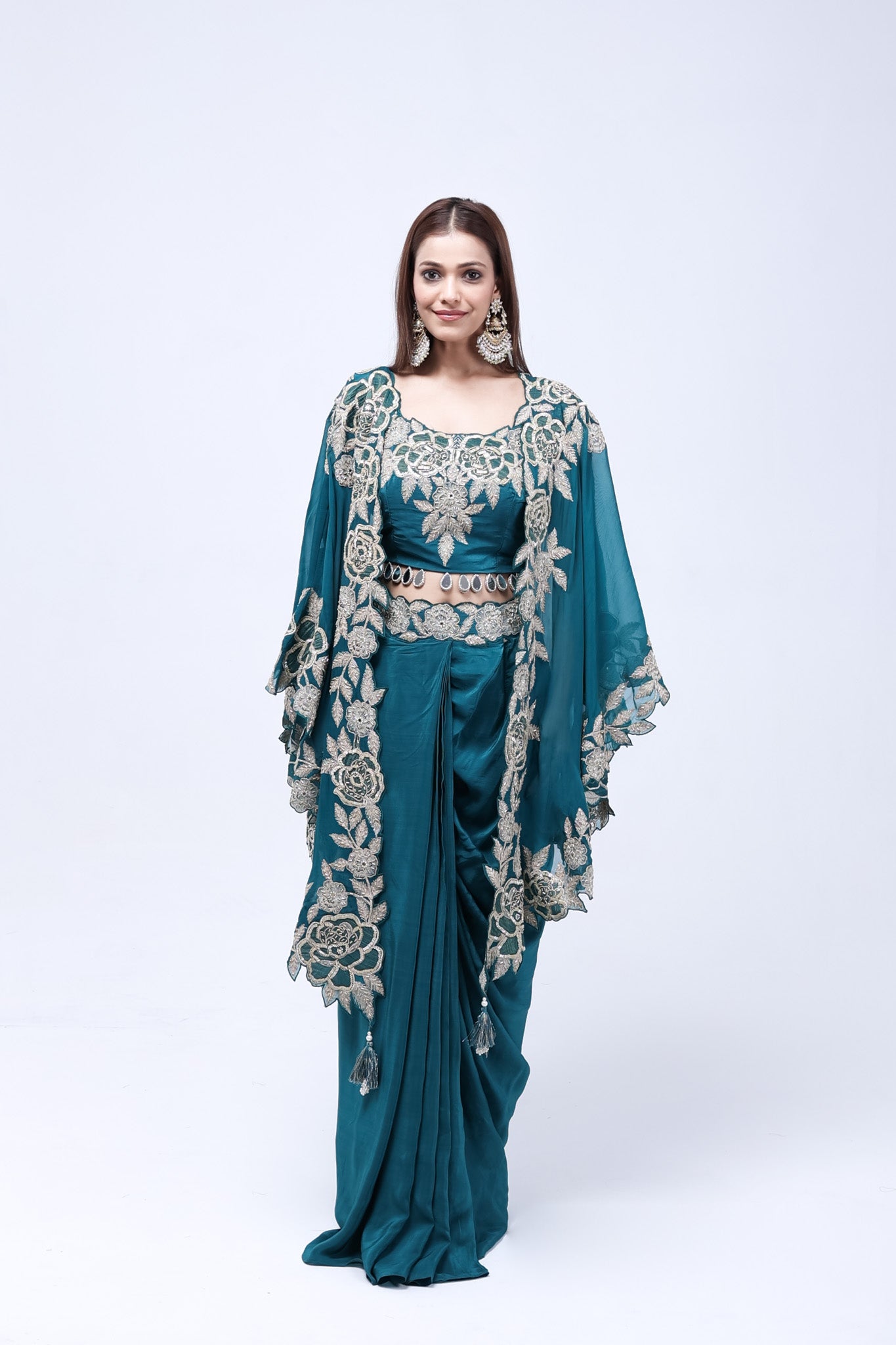 Teal Green Long Shrug Indo-Western Dress