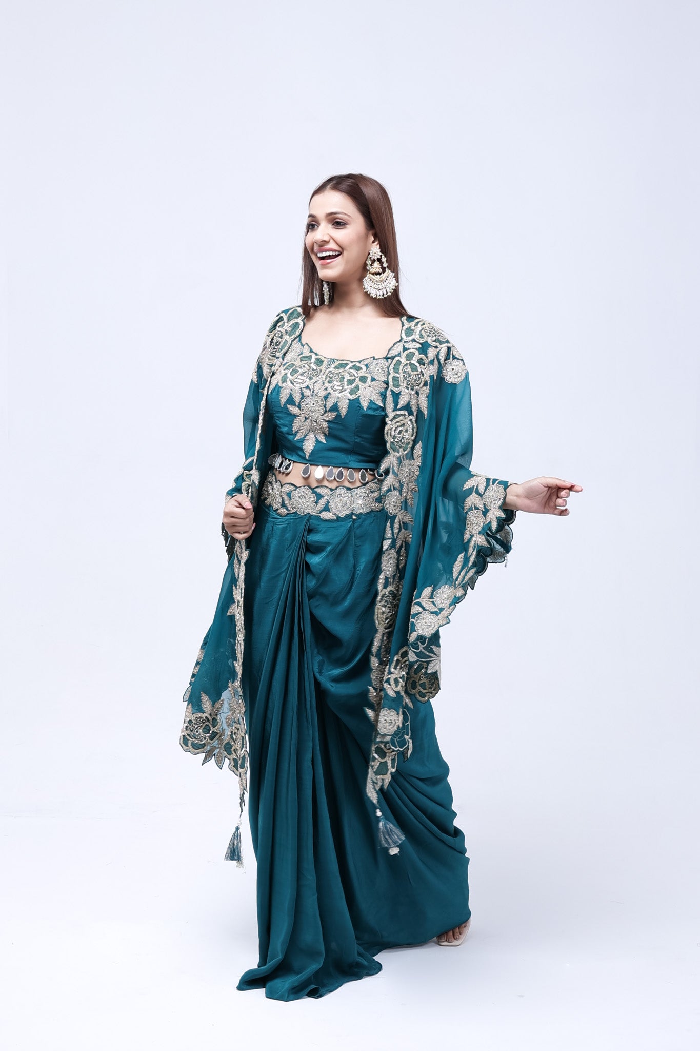 Teal Green Long Shrug Indo-Western Dress