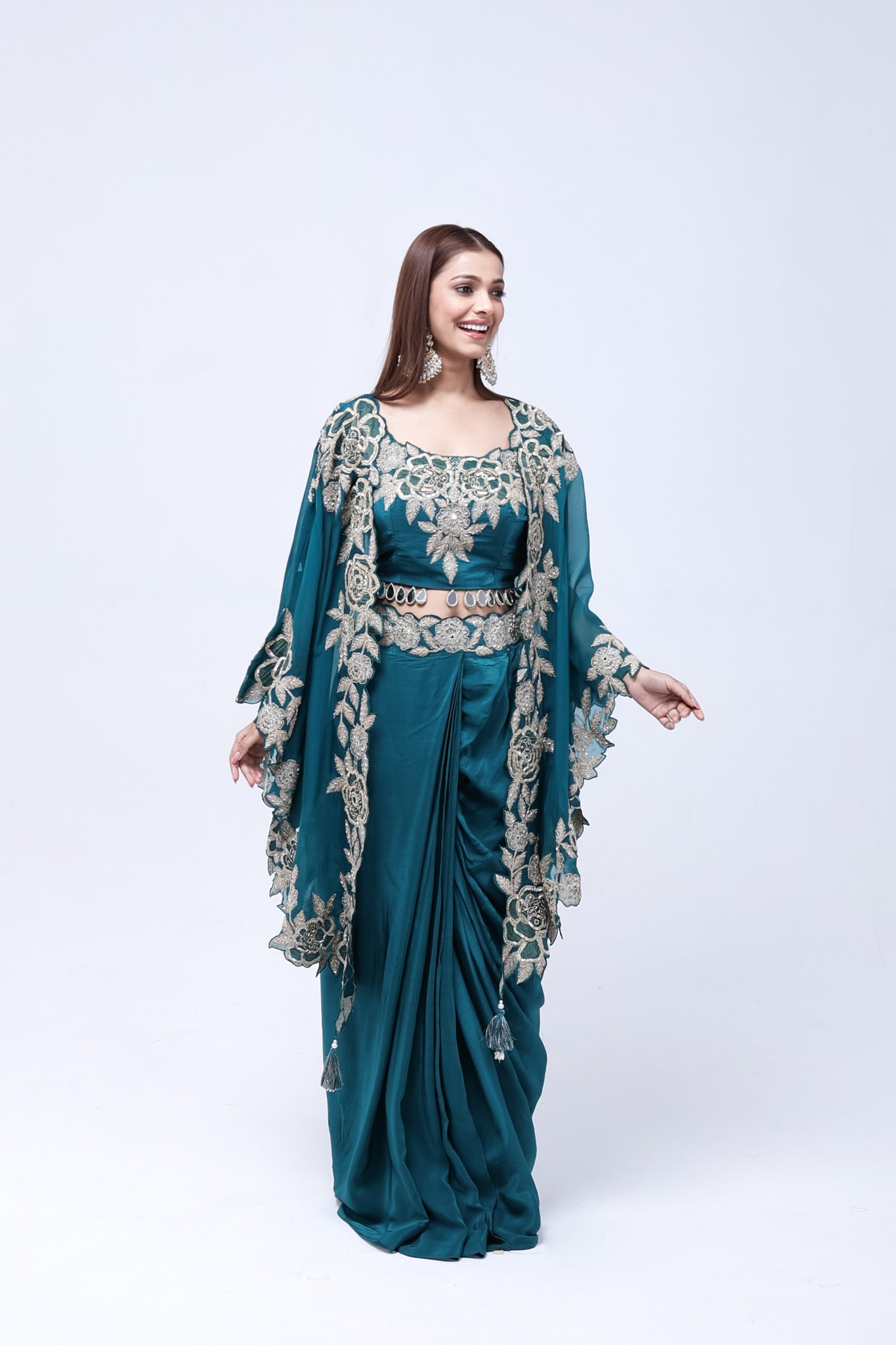 Teal Green Long Shrug Indo-Western Dress