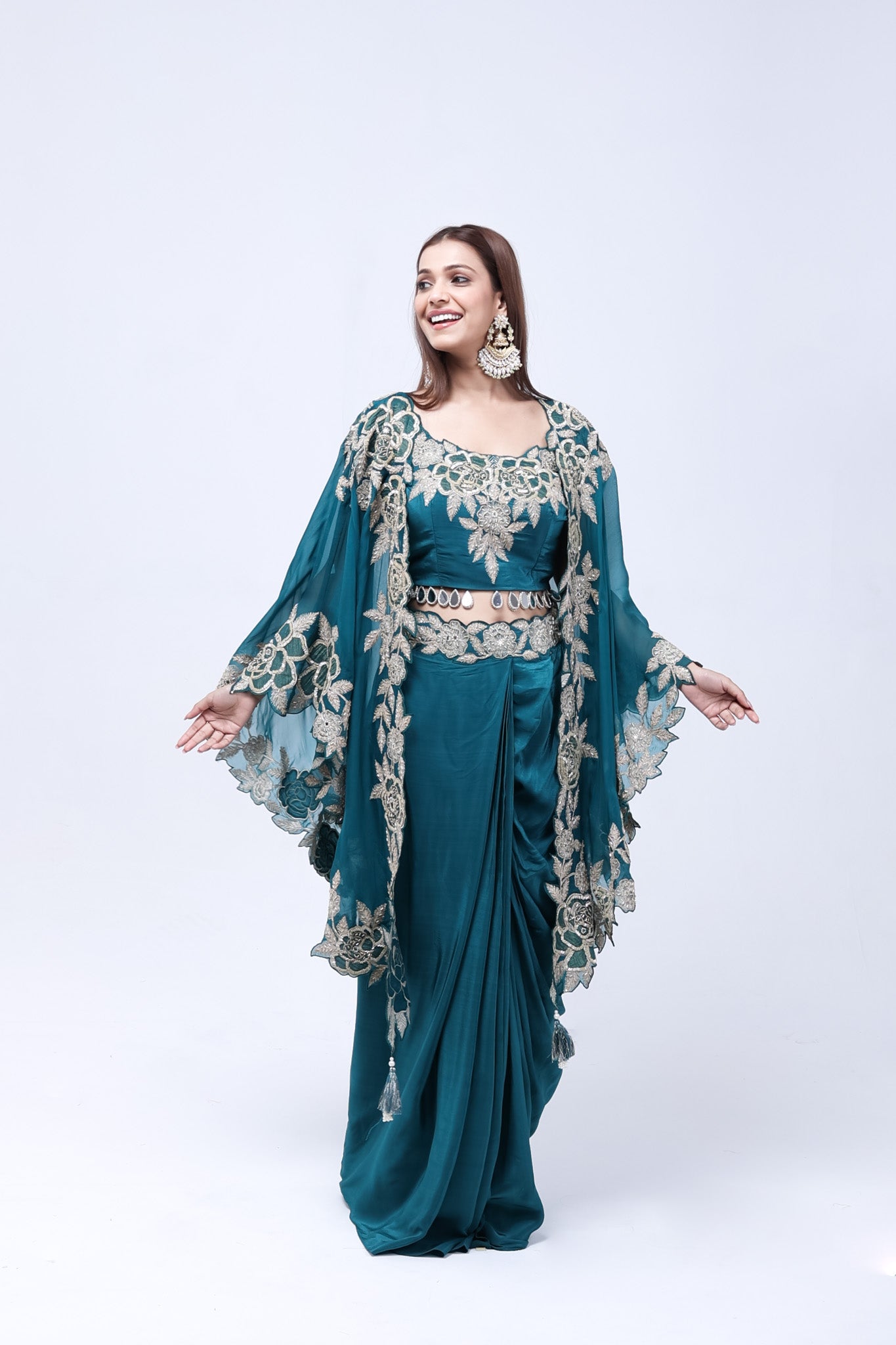 Teal Green Long Shrug Indo-Western Dress