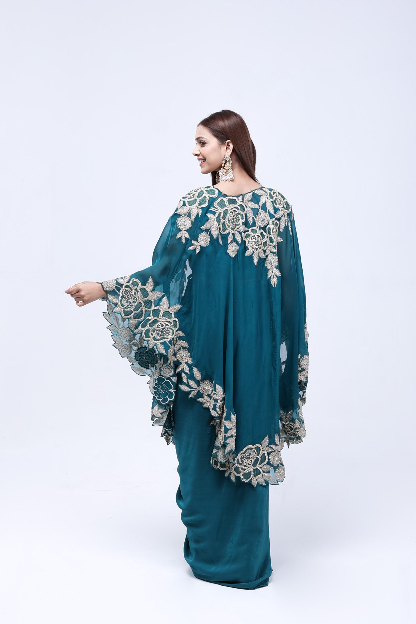 Teal Green Long Shrug Indo-Western Dress