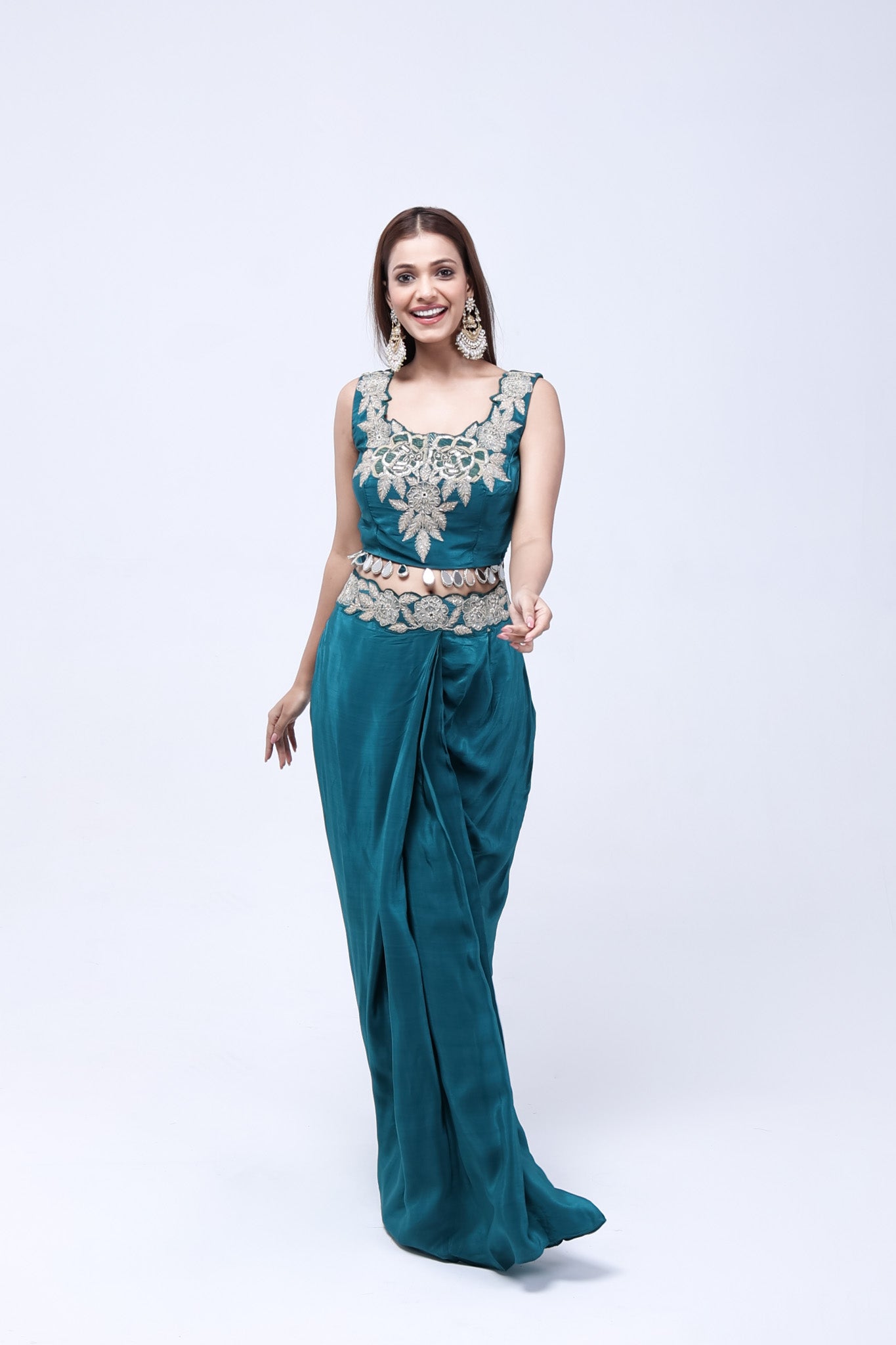 Teal Green Long Shrug Indo-Western Dress