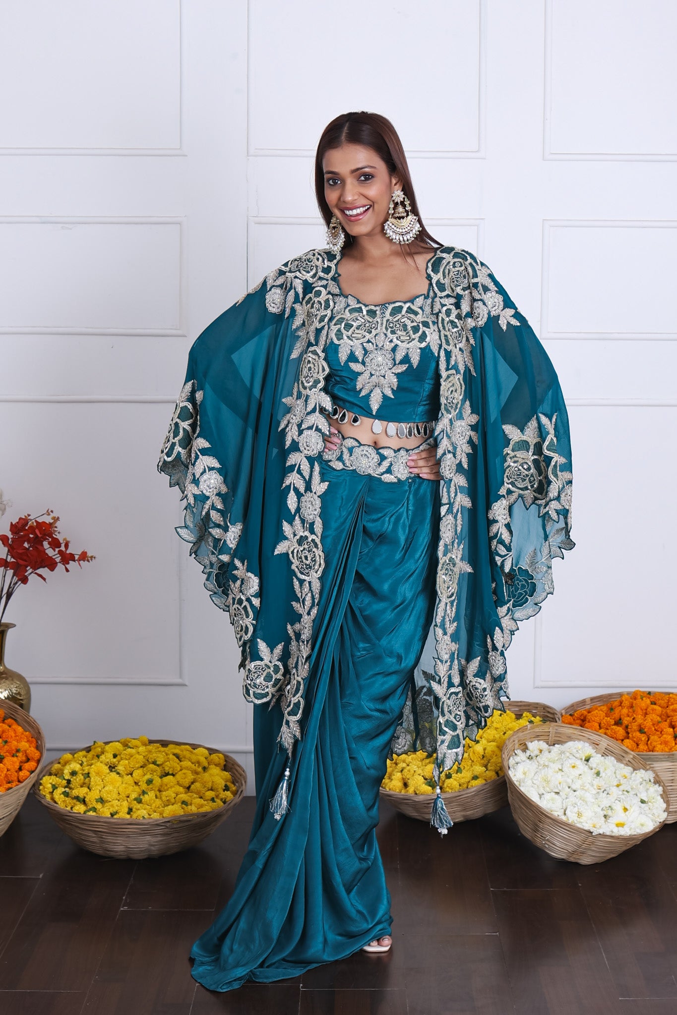Teal Green Long Shrug Indo-Western Dress