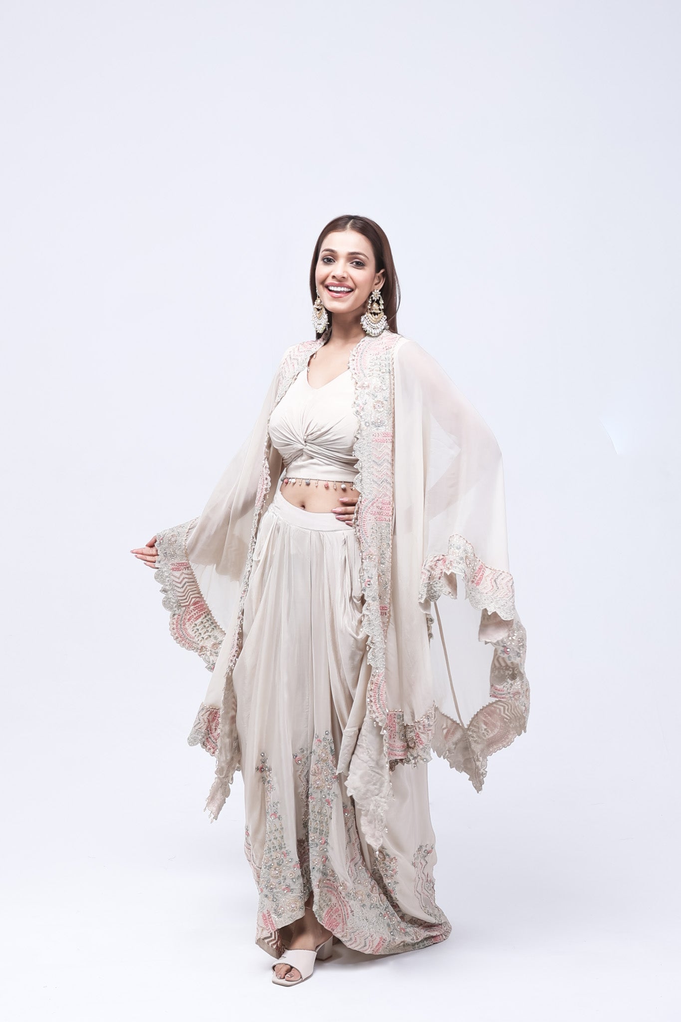 Bright Beige Long Shrug Indo-Western Dress