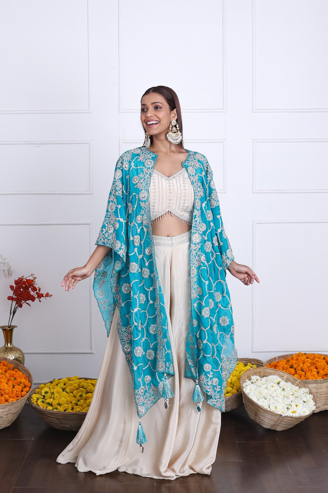Teal Green Long Shrug Indo-Western Dress