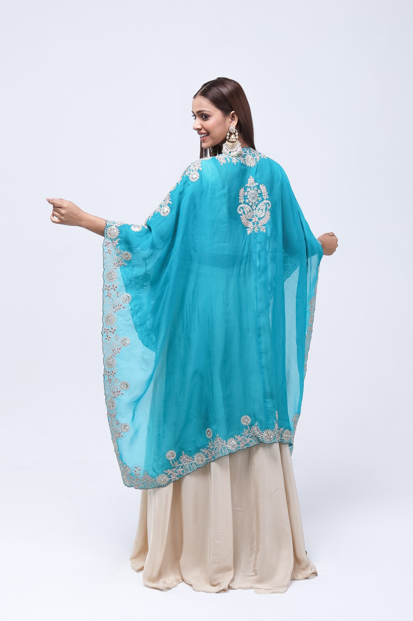 Teal Green Long Shrug Indo-Western Dress