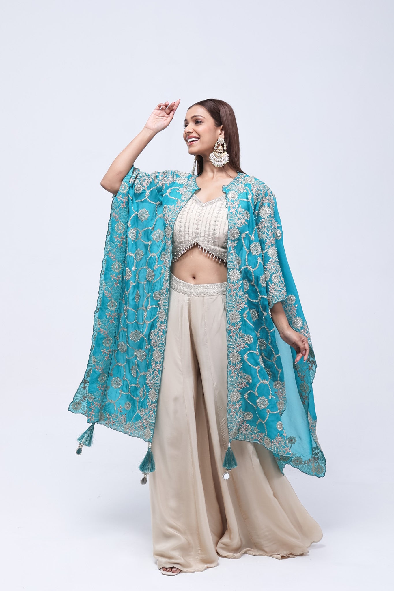 Teal Green Long Shrug Indo-Western Dress