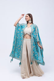 Teal Green Long Shrug Indo-Western Dress