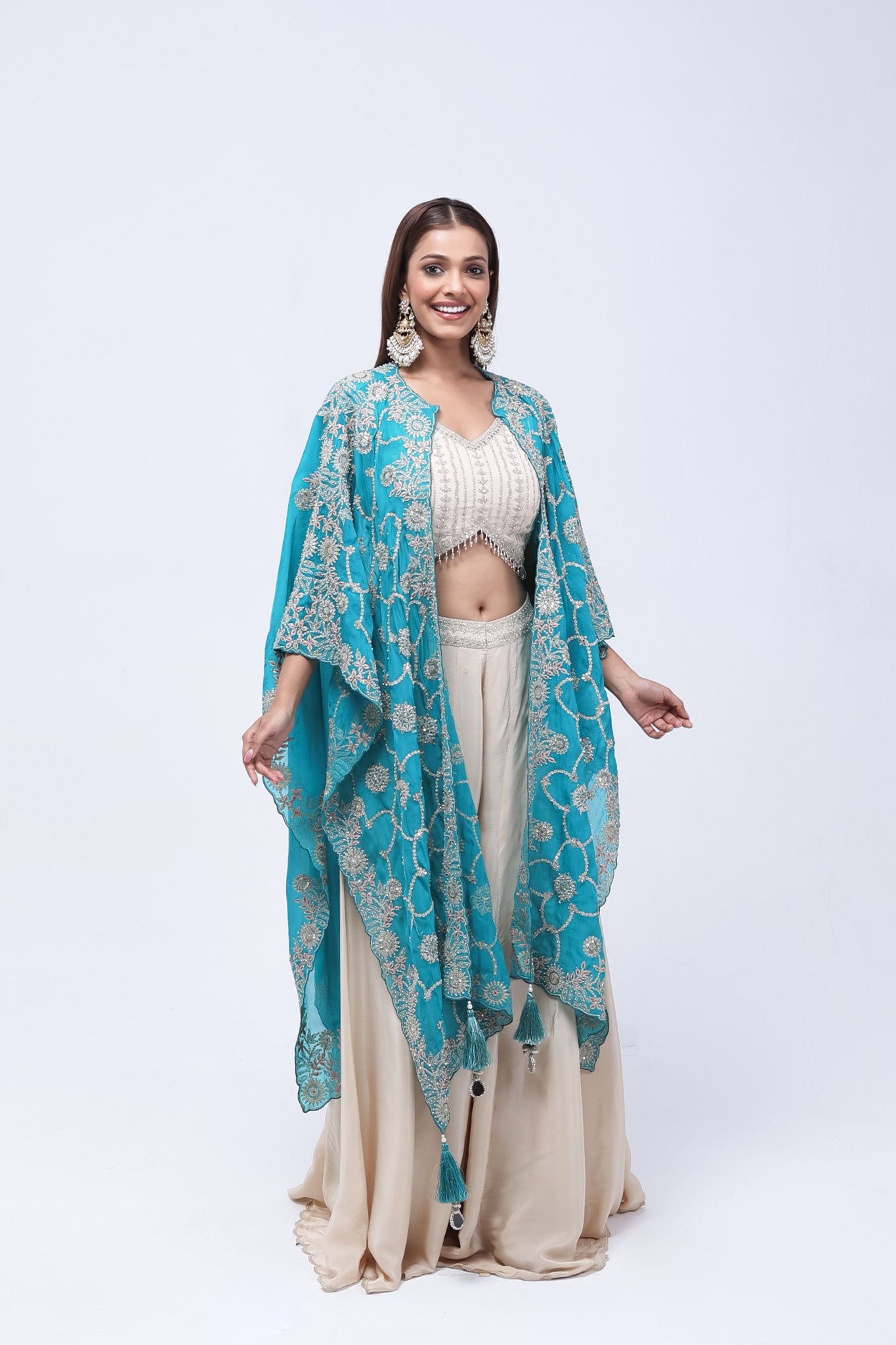 Teal Green Long Shrug Indo-Western Dress
