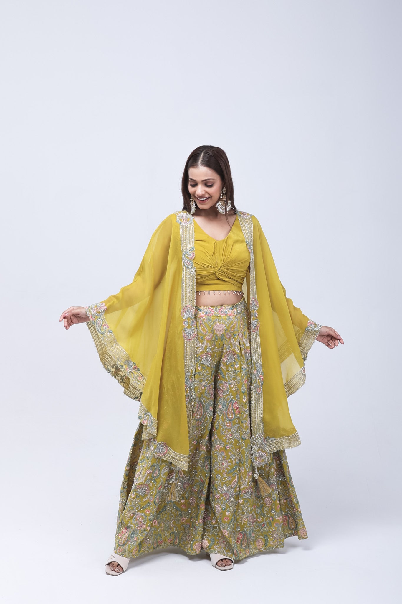 Mustard Yellow Long Shrug Indo-Western Dress
