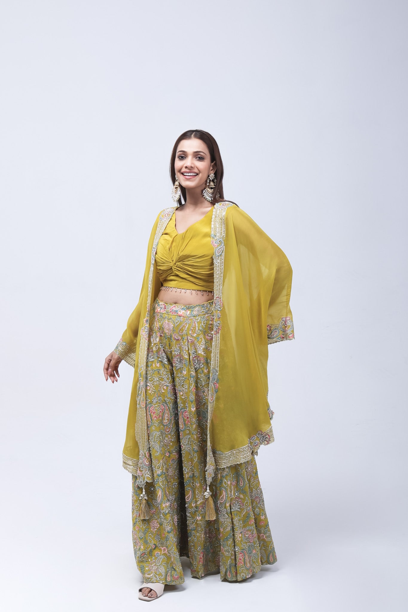Mustard Yellow Long Shrug Indo-Western Dress