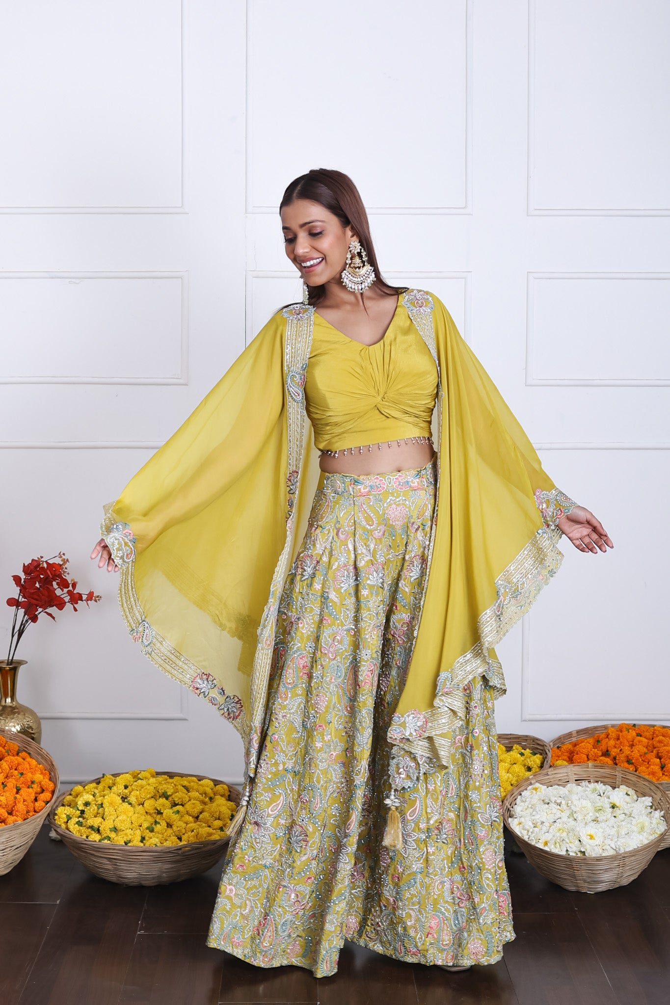 Mustard Yellow Long Shrug Indo-Western Dress