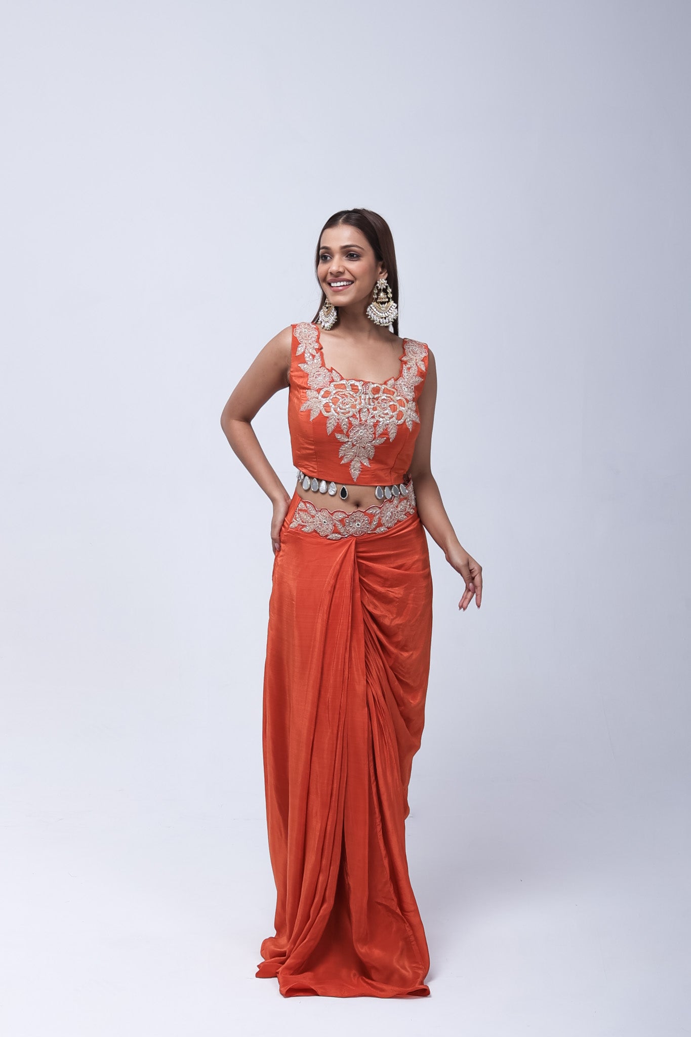 Rich Rust-Orange Long Shrug Indo-Western Dress
