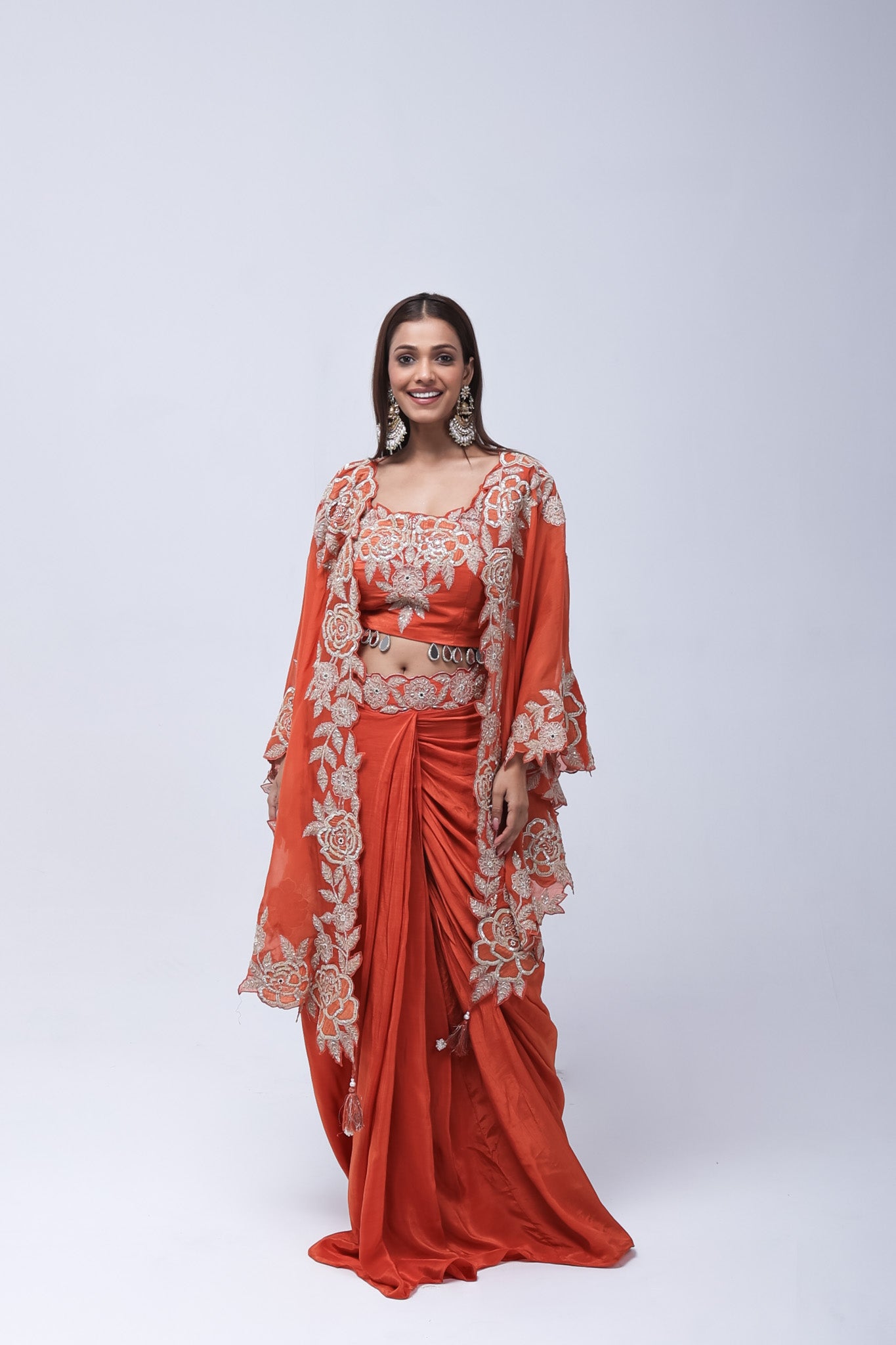 Rich Rust-Orange Long Shrug Indo-Western Dress