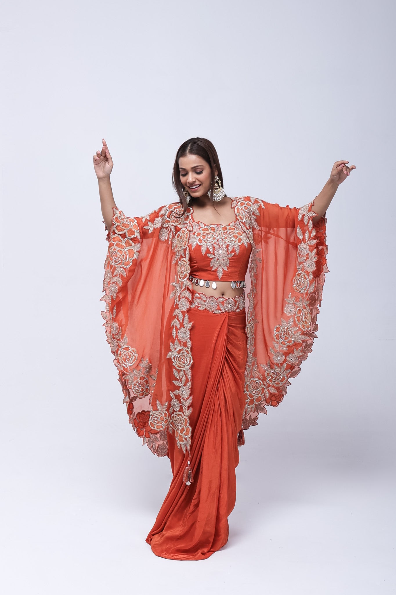 Rich Rust-Orange Long Shrug Indo-Western Dress