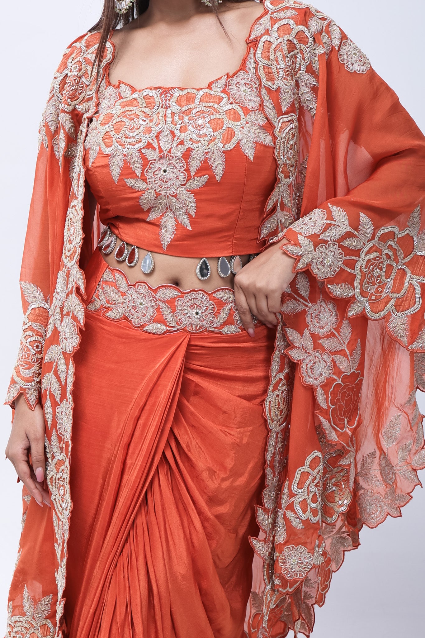 Rich Rust-Orange Long Shrug Indo-Western Dress