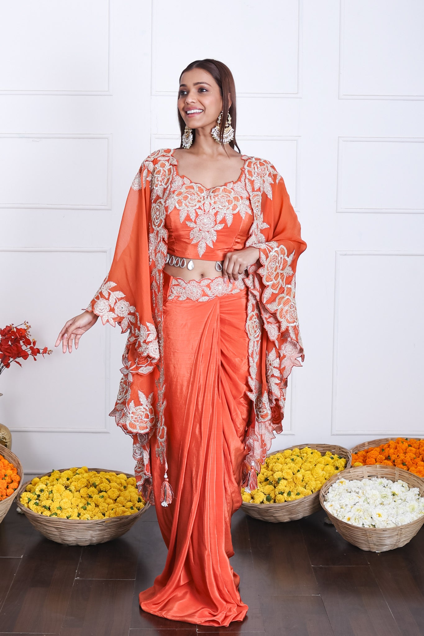 Rich Rust-Orange Long Shrug Indo-Western Dress