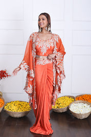 Rich Rust-Orange Long Shrug Indo-Western Dress